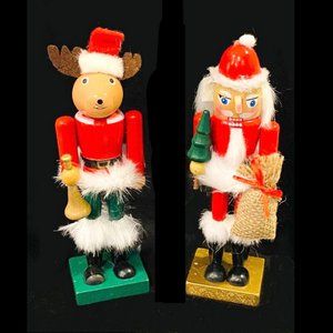 9" Santa & Reindeer Wooden Christmas Nutcrackers